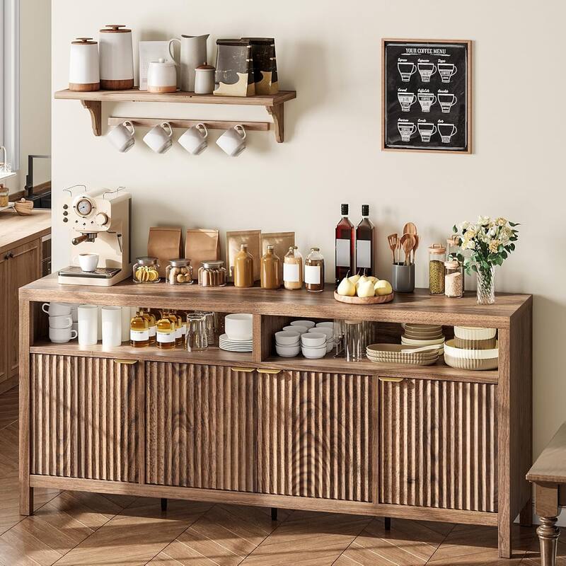 65.8 Inch Fluted Sideboard Buffet Cabinet with 4 Doors - Brown