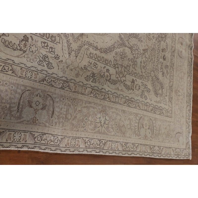 Distressed Tabriz Persian Vintage Rug Hand-Knotted Beige Wool Carpet - 8'0"x 10'7"