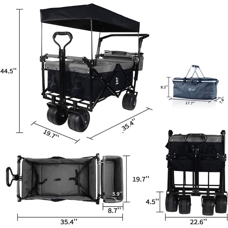 Deluxe 144L Collapsible Wagon with Removable Canopy & Cooler Bag - All-Terrain Wheels with Brake