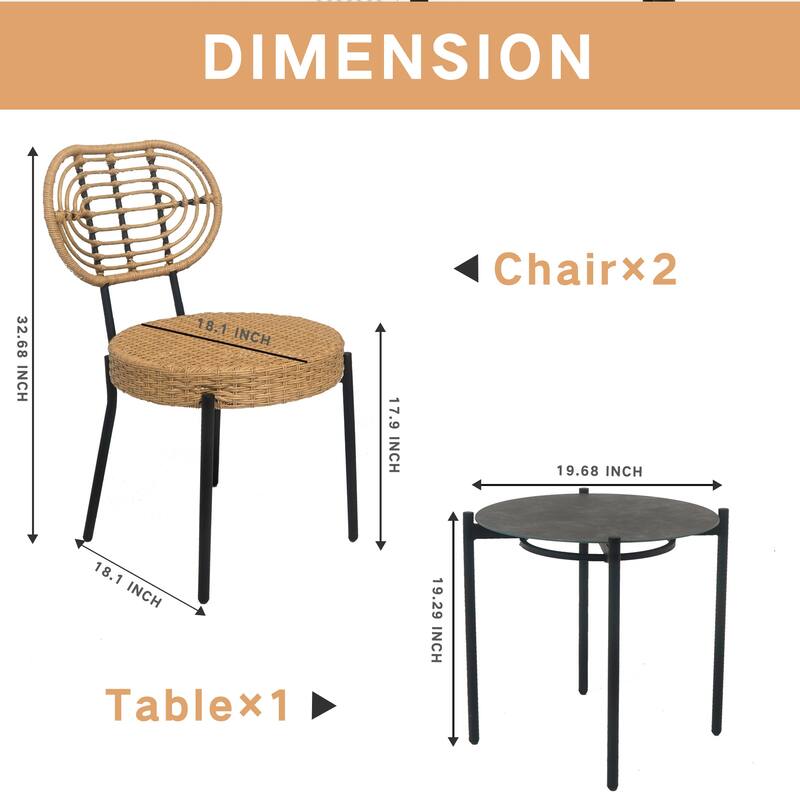 3 Pieces Of Outdoor Wicker Furniture,Patio Bistro Style Table And Chair,Weather-resistant PE Wicker Weave, Stainless Steel Fame