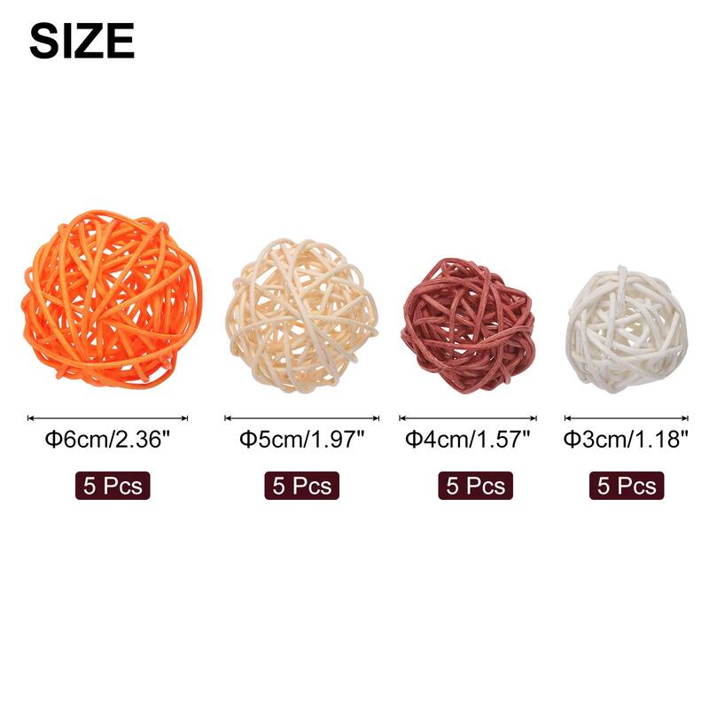 20 Pcs Vase Filler Decorative Balls, 2.4/2/1.6/1.2" Wicker Rattan Decor, Balls Bowl Fillers - Orange/Beige/Brown/White
