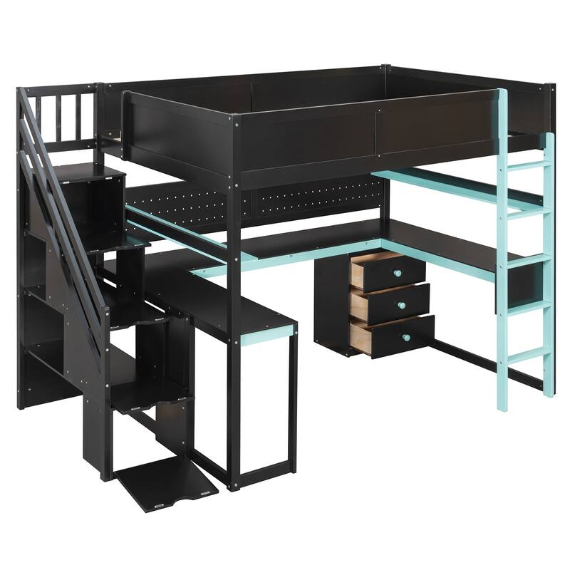 Roomfitters Full Size Gaming Loft Bed, Integrated Desk, Storage Stairs & Pegboard, Esports Inspired Sleeper System