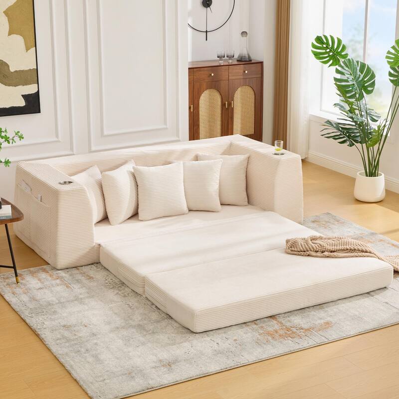 2 in 1 Convertible Sofa Bed, Sleeper Sofa with Storage Pockets, Pull Out Loveseat Couch with Two Cup Holders