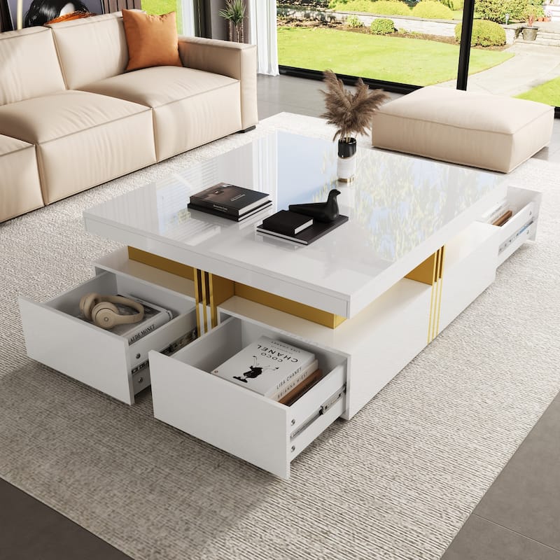 43.3" Modern Glossy Square Storage Coffee Table with 4 Drawers