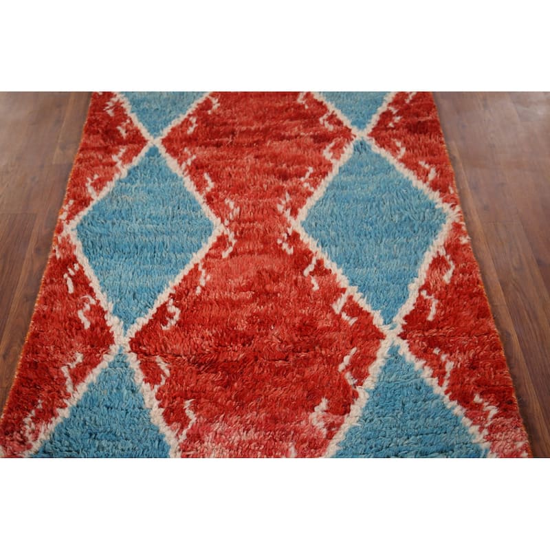 Orange & Blue Plush Moroccan Accent Rug Hand-Knotted Wool Carpet - 2'10" x 5'7"