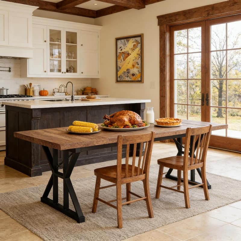 Dining Table for 6, Wood Kitchen Table with Trestle Base, Kitchen Table Meeting Table with X-shaped Accents