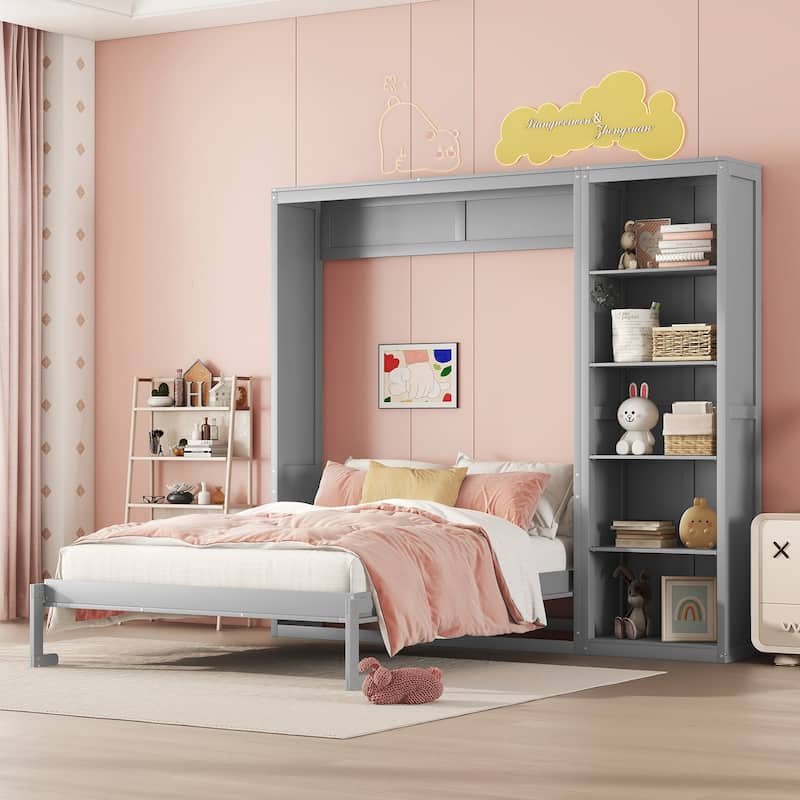 Full Size Smart Murphy Bed - 5-Tier Storage Cabinet Wall Bed with Adjustable Shelves - Gray