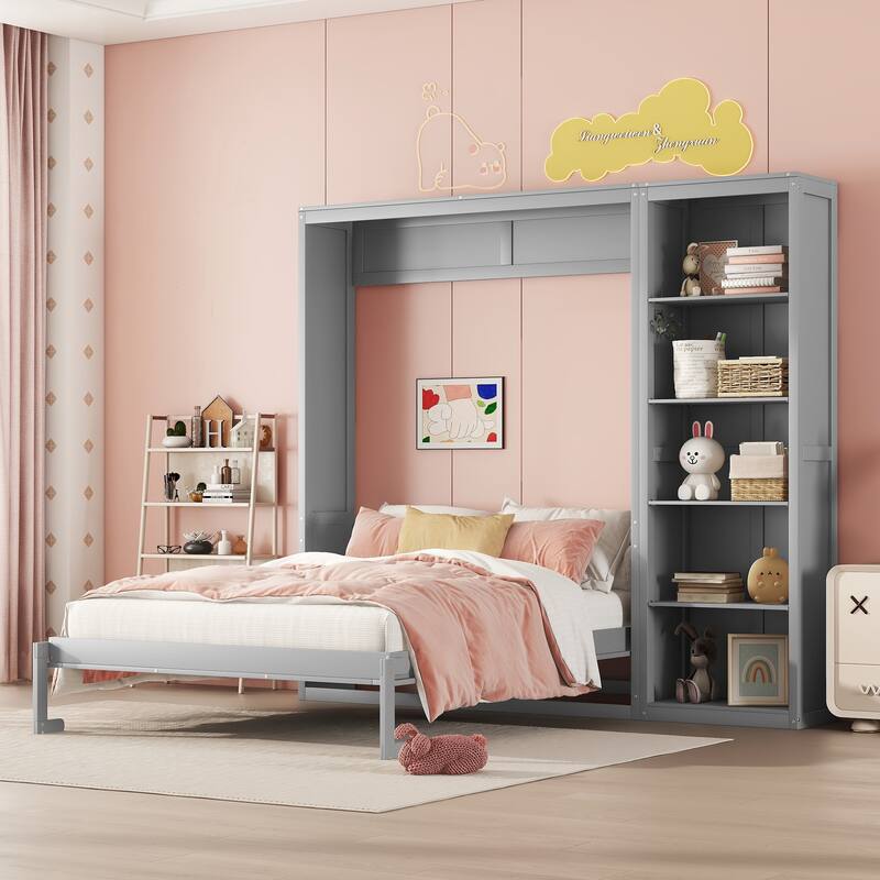 Space Saving Murphy Bed Wall Bed with 5 Layer Storage Shelves, Wood Foldable Platform Bed Frame, No Box Spring Needed