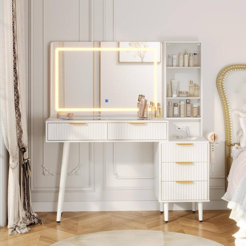5 Drawers Vanity Desk, Makeup Dressing Table with Built-in USB Outlet Charging Station - White