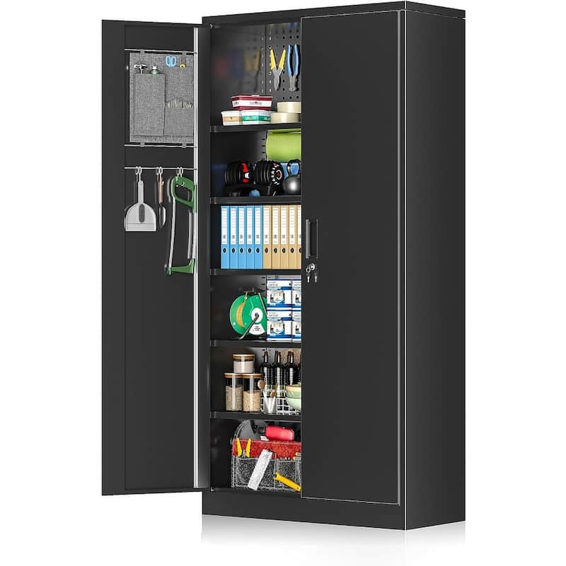 71 inch Garage Storage Cabinet Shelving Kitchen Pantry Locker with Adjustable Shelves for Office, Garage, Home, Pantry - Black with Pegboard