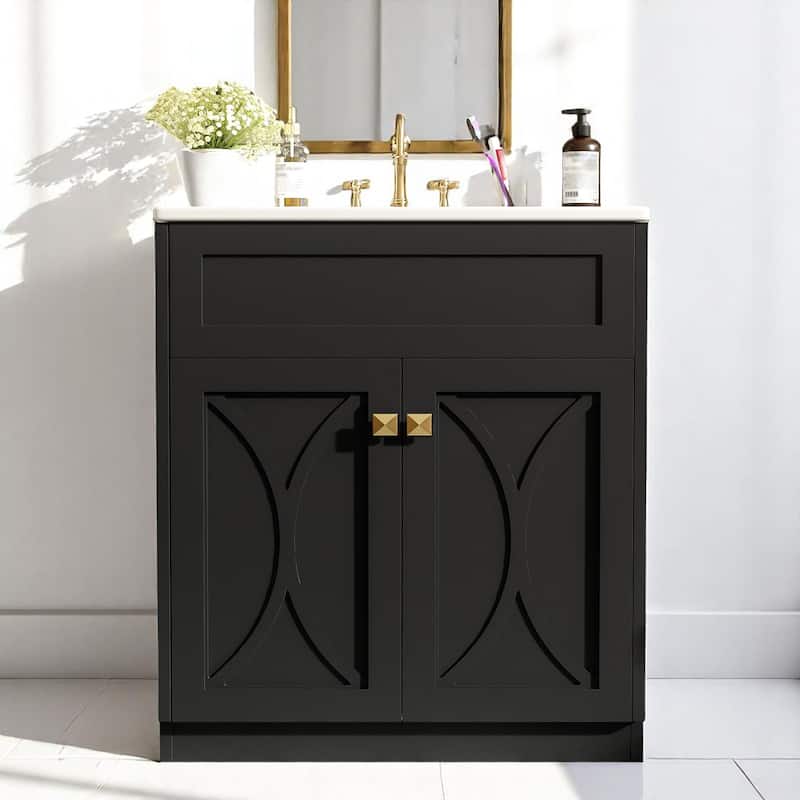 30 Inch Modern Bathroom Vanity with Sink, Solid Wood Frame, Undermount Basin, Storage Rack & 2 Doors
