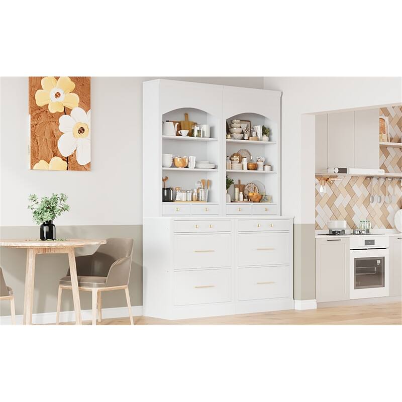 Freestanding Tall Kitchen Hutch with Faux Marble Top(Set of 2) - White