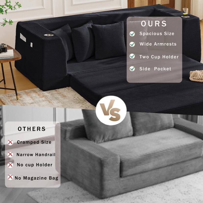 2 in 1 Convertible Sofa Bed, Sleeper Sofa with Storage Pockets, Pull Out Loveseat Couch with Two Cup Holders