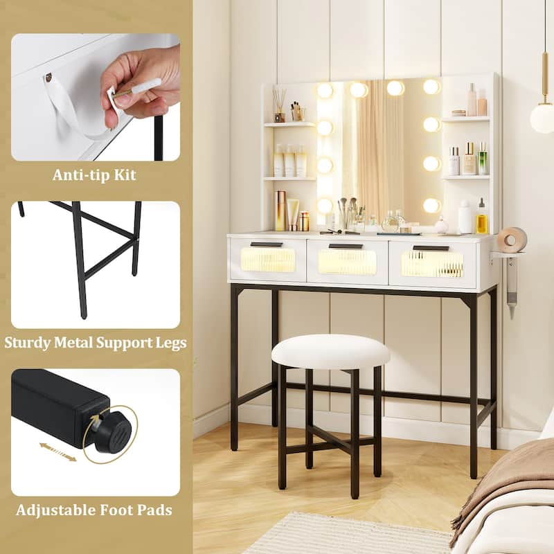 White Makeup Vanity Table with LED Hollywood Mirror and USB Charging Station Storage Drawers - 35.5" x 15.5" x 54"