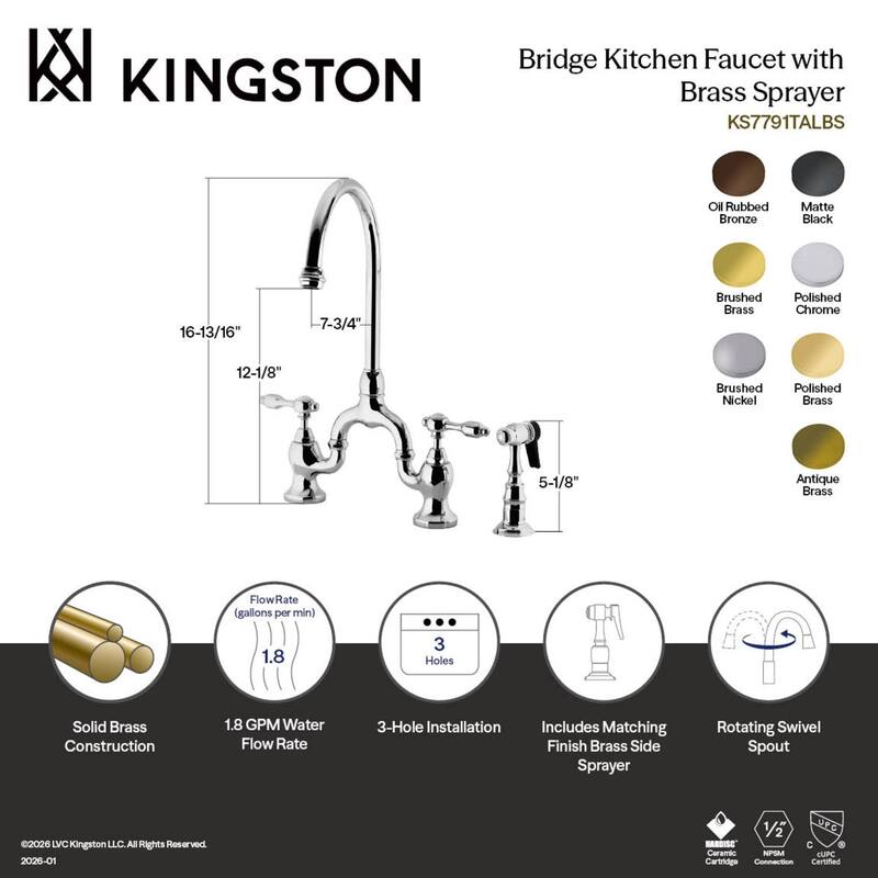 Kingston Brass Tudor Bridge Kitchen Faucet with Brass Sprayer