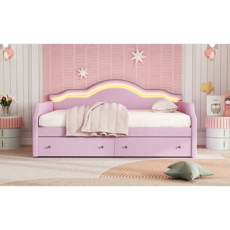 Pink Velvet Upholstered Full Size Daybed with LED Lights and 2 Storage Drawers