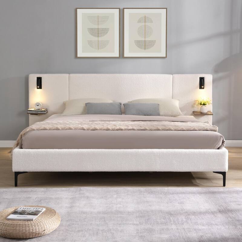 Chic Bouclé Upholstered Bed with Integrated Lighting and Shelves - White - King