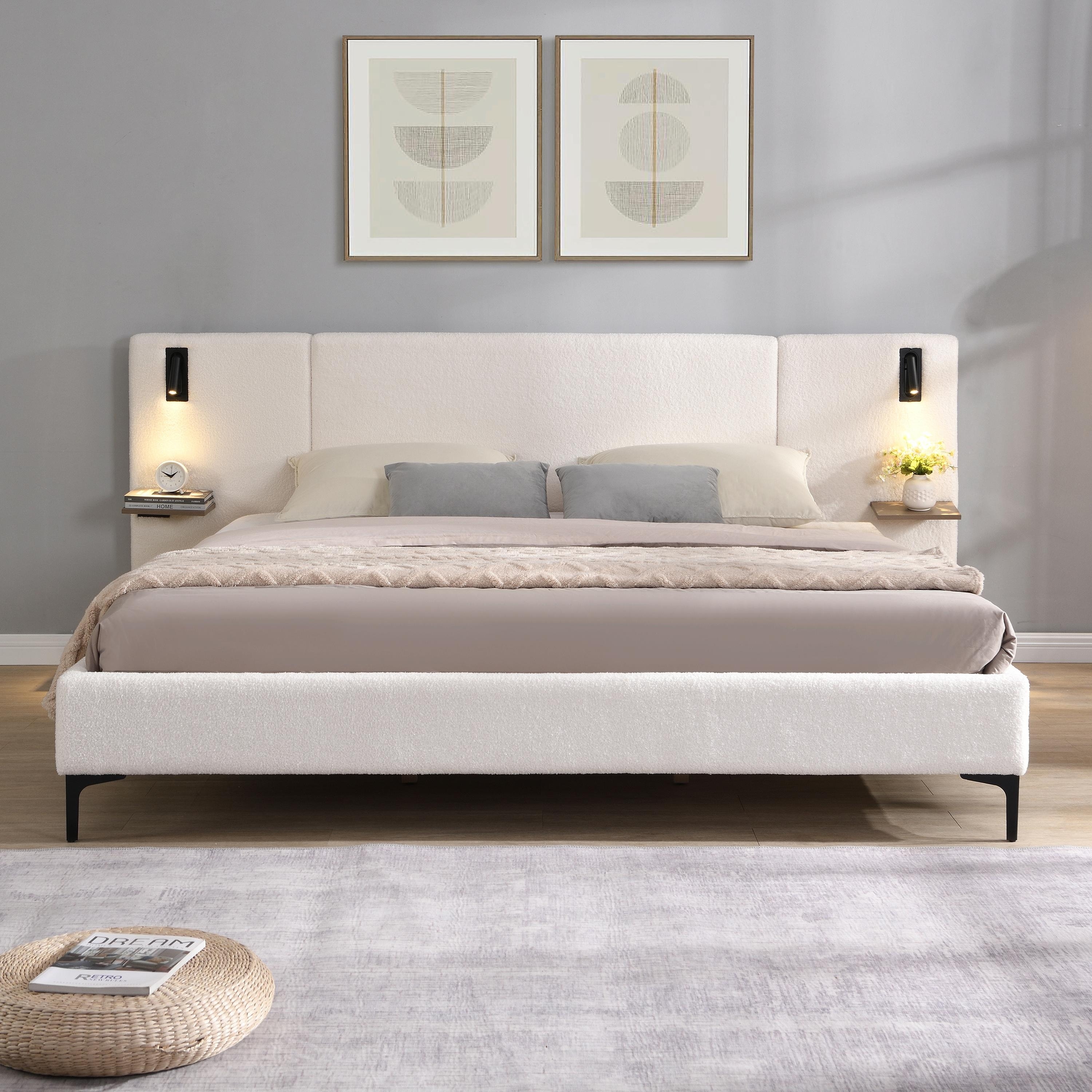 Chic Bouclé Upholstered Bed with Integrated Lighting and Shelves