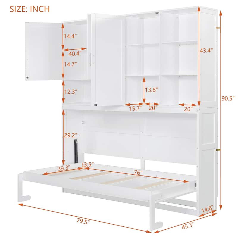 Twin/Full Size Murphy Bed Wall Bed with Top Cabinet, Shelves, Light, USB, and Storage, Space-Saving Foldable Design