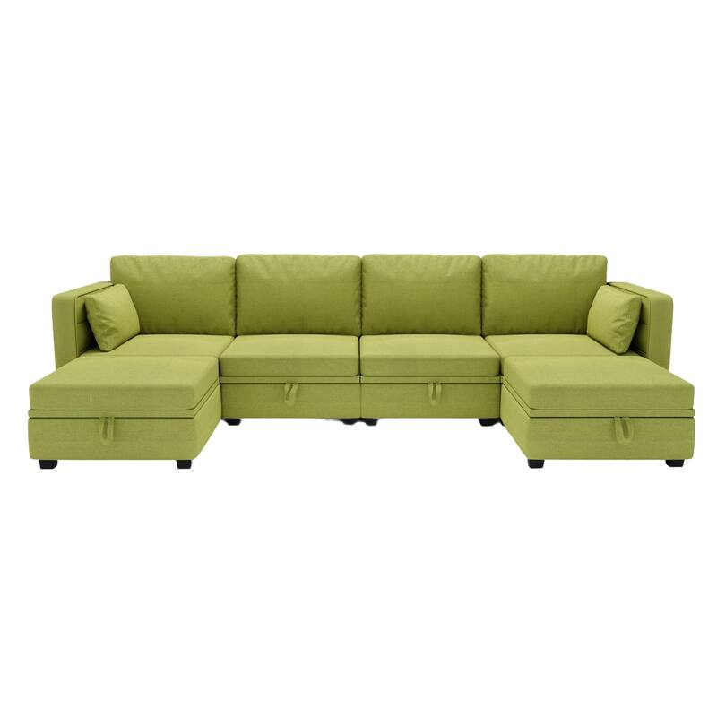 Linen Fabric U Shaped Modular Couch Set with Ottomans and Storage Seats