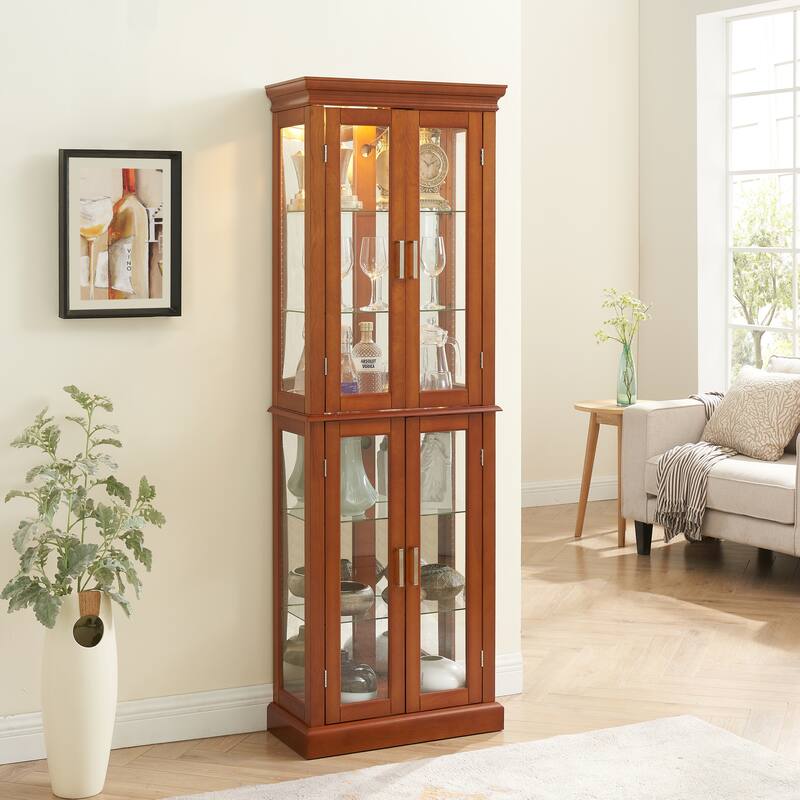 6-Shelf Lighted Antique Display Cabinet - Rectangular - Walnut