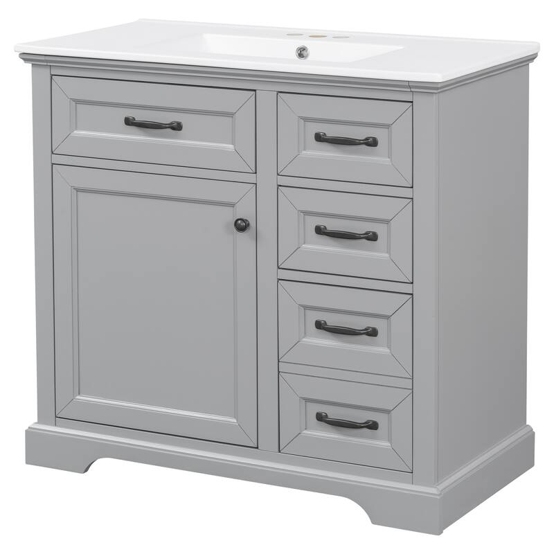 Roomfitters 36" Bathroom Vanity with Ceramic Sink, 2 Tip-out Drawers and Smart Storage Organizer