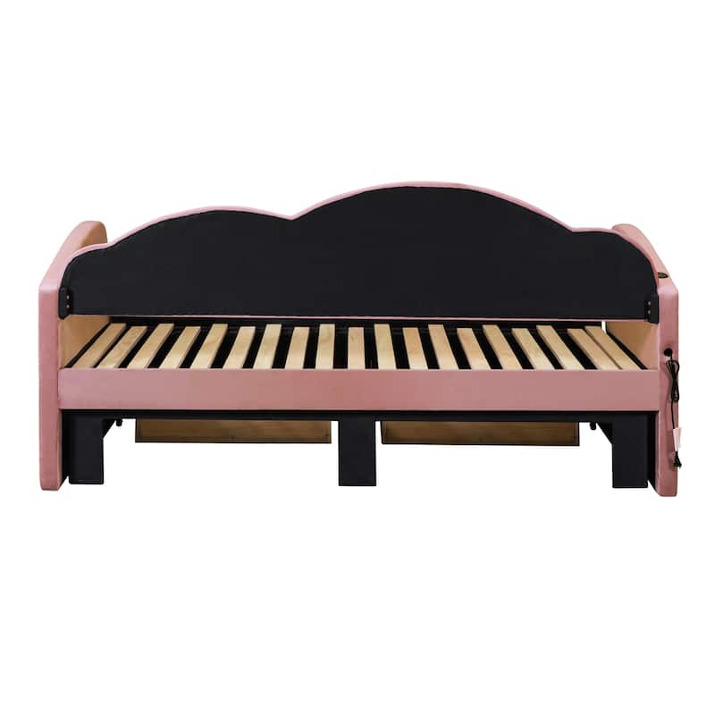 Twin Size Upholstered daybed with Cloud-Shaped Backrest, Trundle & 2 Drawers and USB Ports, Pink