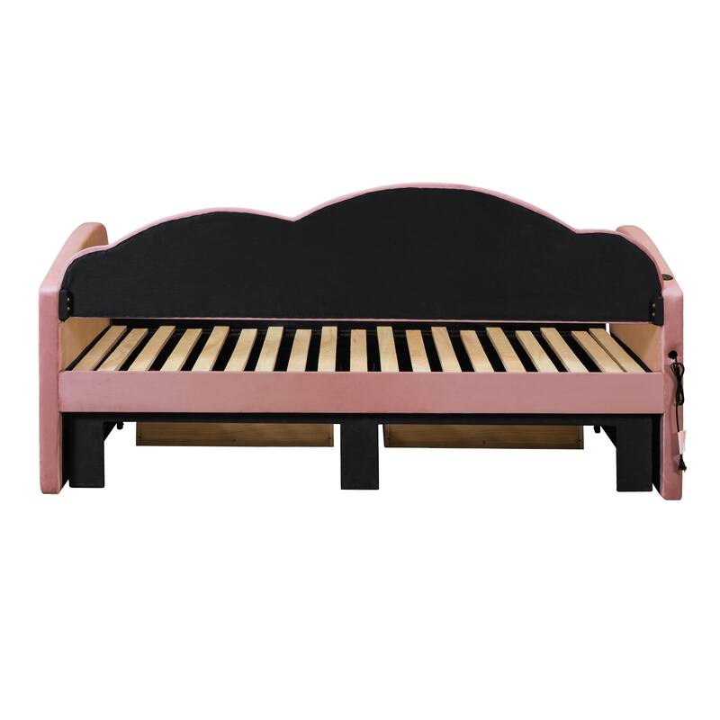 Cloud-Shaped Backrest Daybed, Twin To King Extendable Sofabed, Velvet Upholstered Platform Bed Frame with 2 Arc Armrests