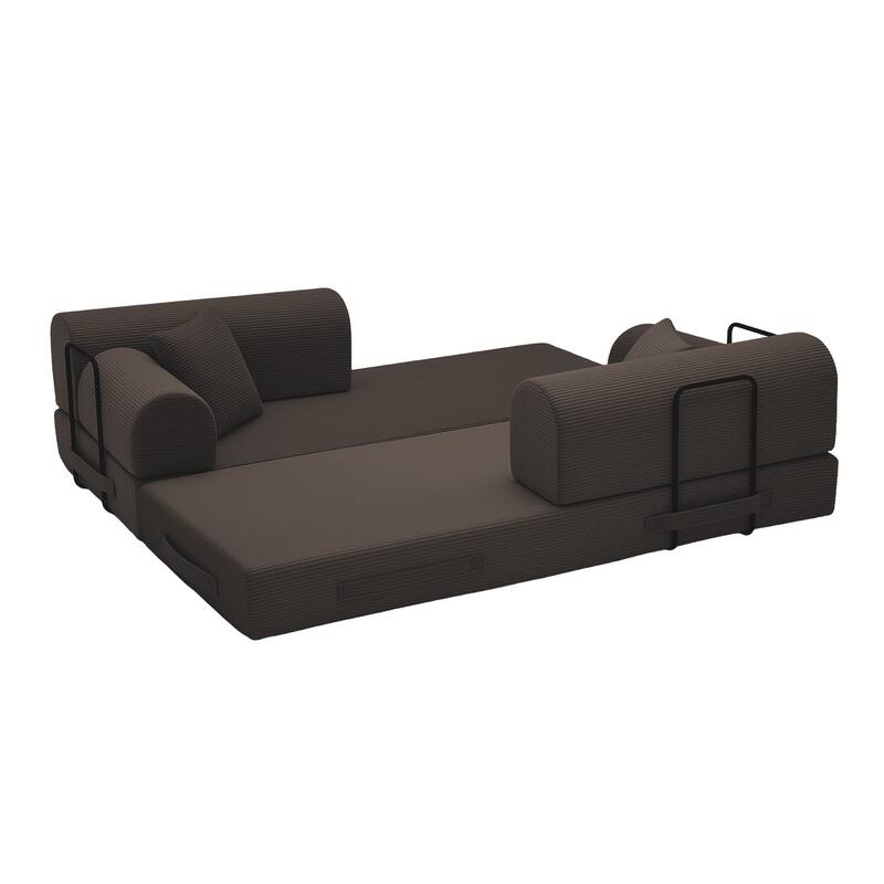 Convertible Sleeper Sofa Bed with Cylindrical Pillow, Corduroy Folding Mattress Couch with Fixed-Shape Frame for Bedroom