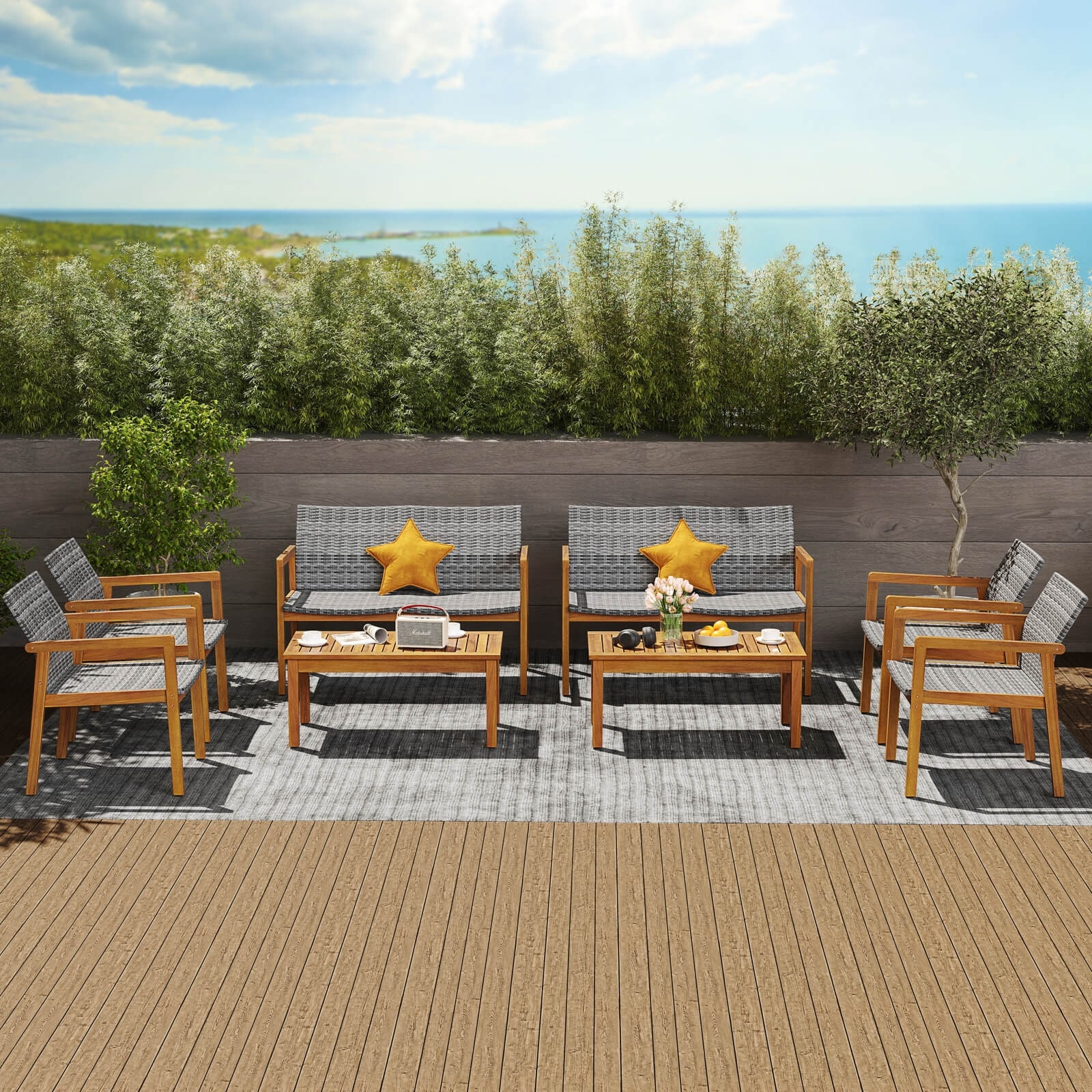 Costway 8 Pieces Outdoor Furniture Set, Acacia Wood Frame Sofa Set - See Details