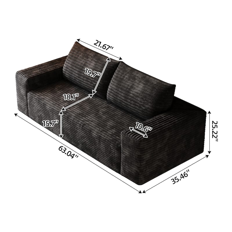 63" Corduroy Fabric Deep Seat Comfy Loveseat Sofa, Black, No Assembly for Multiple Spaces