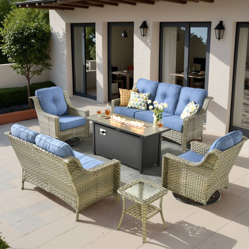 XIZZI 6-piece Patio Furniture Conversation Seating Set with Fire Pit - Diamond Blue