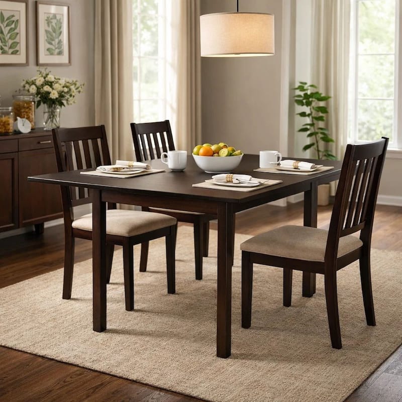 52 Inch Drop Leaf Dining Table, Block Legs, Dark Cappuccino Brown Wood