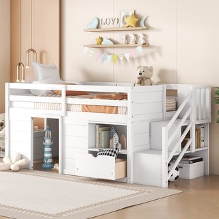 Twin Pine Low Loft Bed with Storage Staircase, Drawer, and Shelf