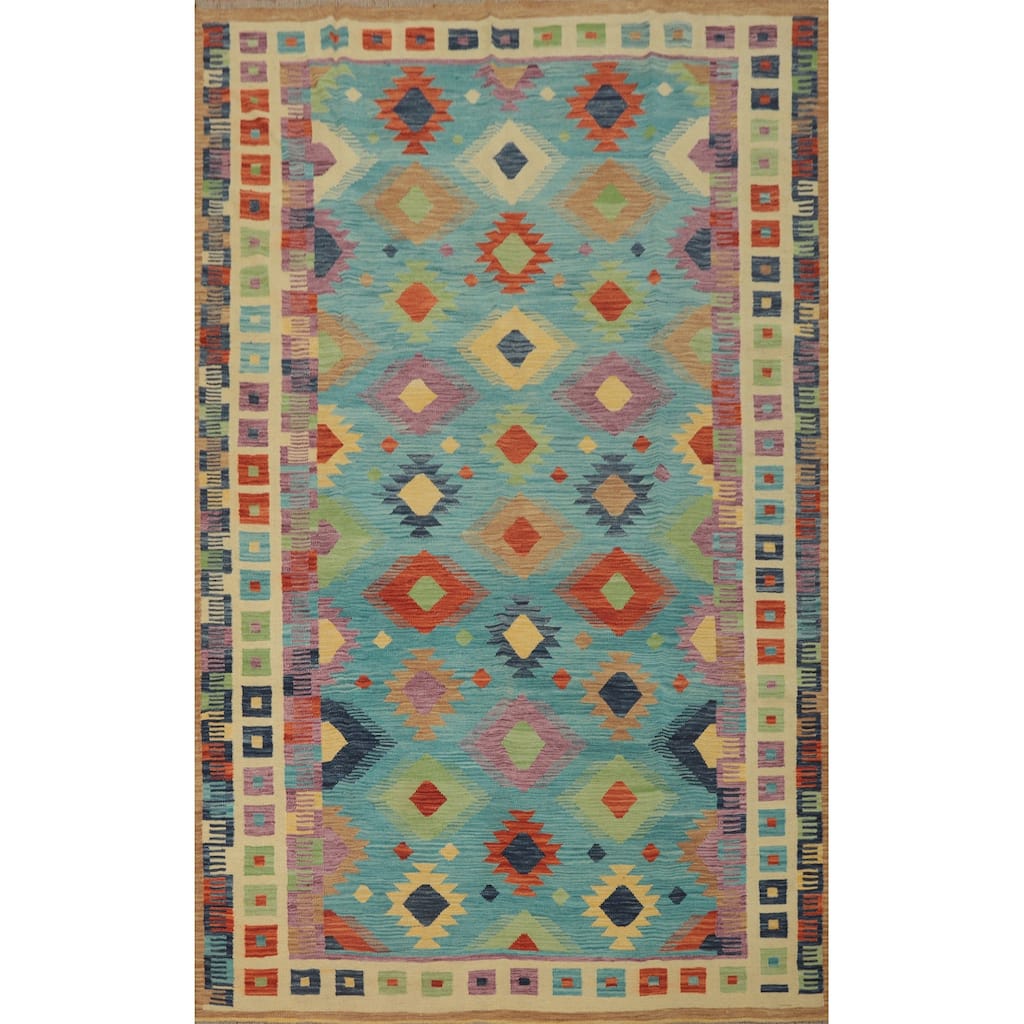 Hand Woven Oriental 100% Wool Carpet Southwestern Tribal Navy Blue & Blues Kilim Area Rug - 9' 9'' X 6' 7''