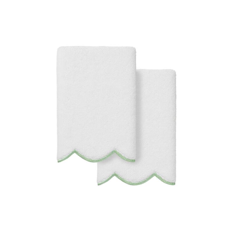 Authentic Hotel and Spa 100% Turkish Cotton ADORNIA Scallop Fingertip Towel Set - White/Green - 2 Fingertip Towels