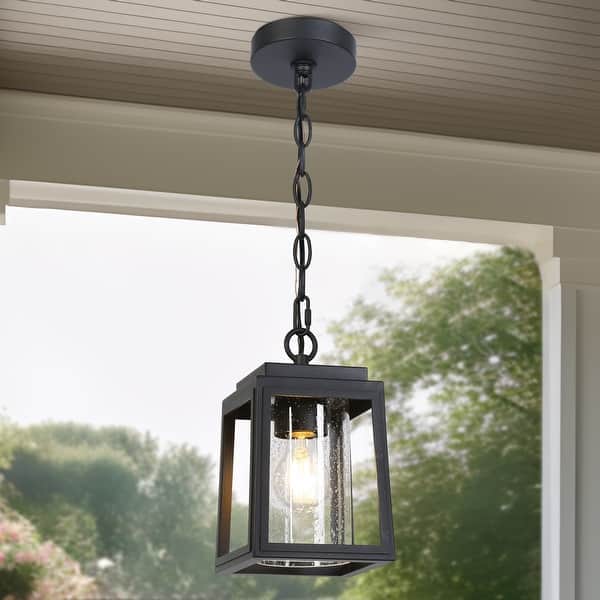 Textured Black Transitional Seeded Glass Lantern Pendant Light