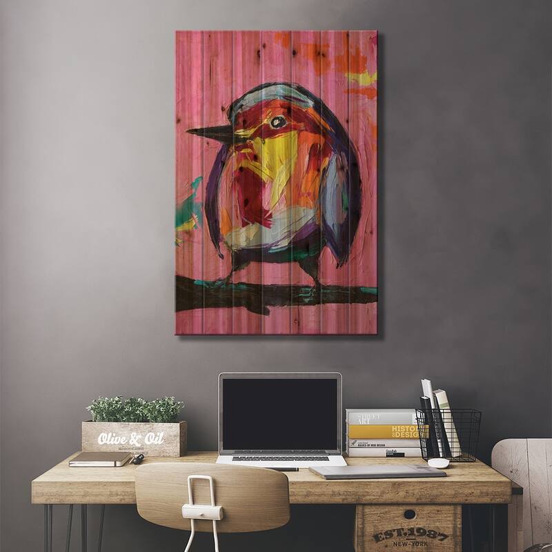 Pink Kingfisher Print On Wood by Lana Frey - Multi-Color