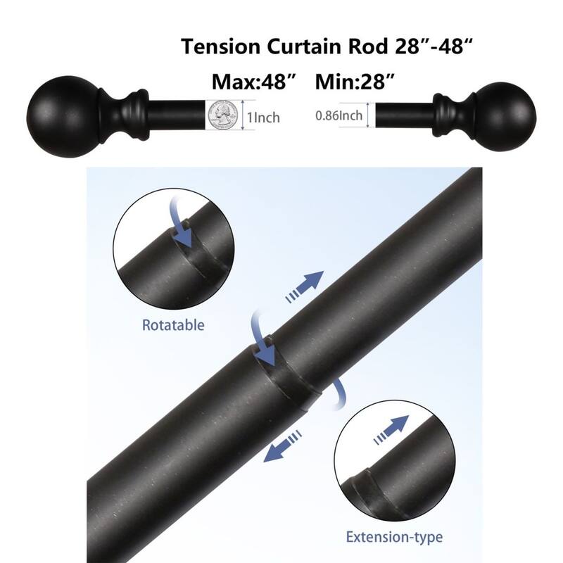 Tension Curtain Rods - Lordear 28" /48"/88" Black Metal Curtain Rod with Ball Top End Cap - 28