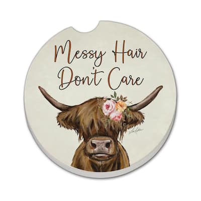 Messy Hair Cow 2 Pack Absorbent Stone Coaster for Vehicle Cup Holder 2.6” Diameter Manufactured in The USA