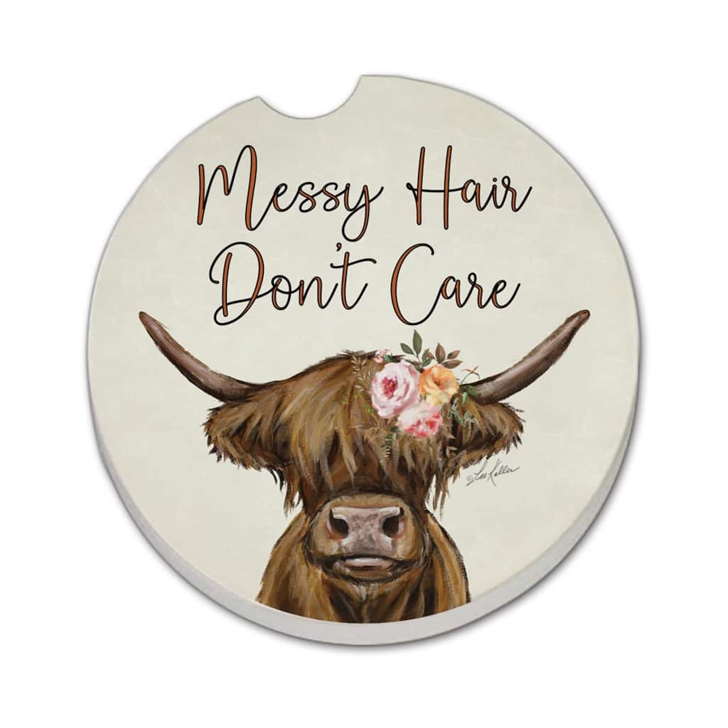 Messy Hair Cow 2 Pack Absorbent Stone Coaster for Vehicle Cup Holder 2.6” Diameter Manufactured in The USA
