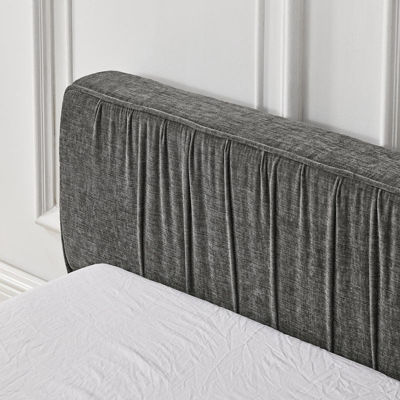 Pleated design Chenille fabric Queen Size Upholstered Bed Frame