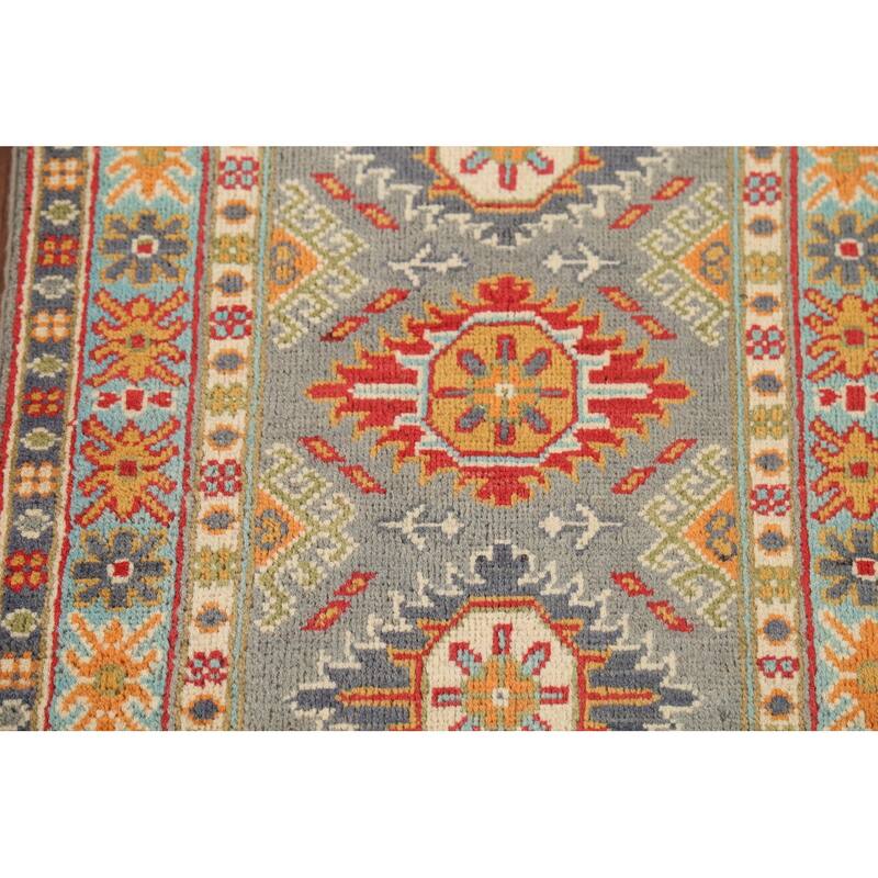 Gray Geometric Kazak Accent Rug Hand-Knotted Traditional Wool Carpet - 2'1"x 2'10"