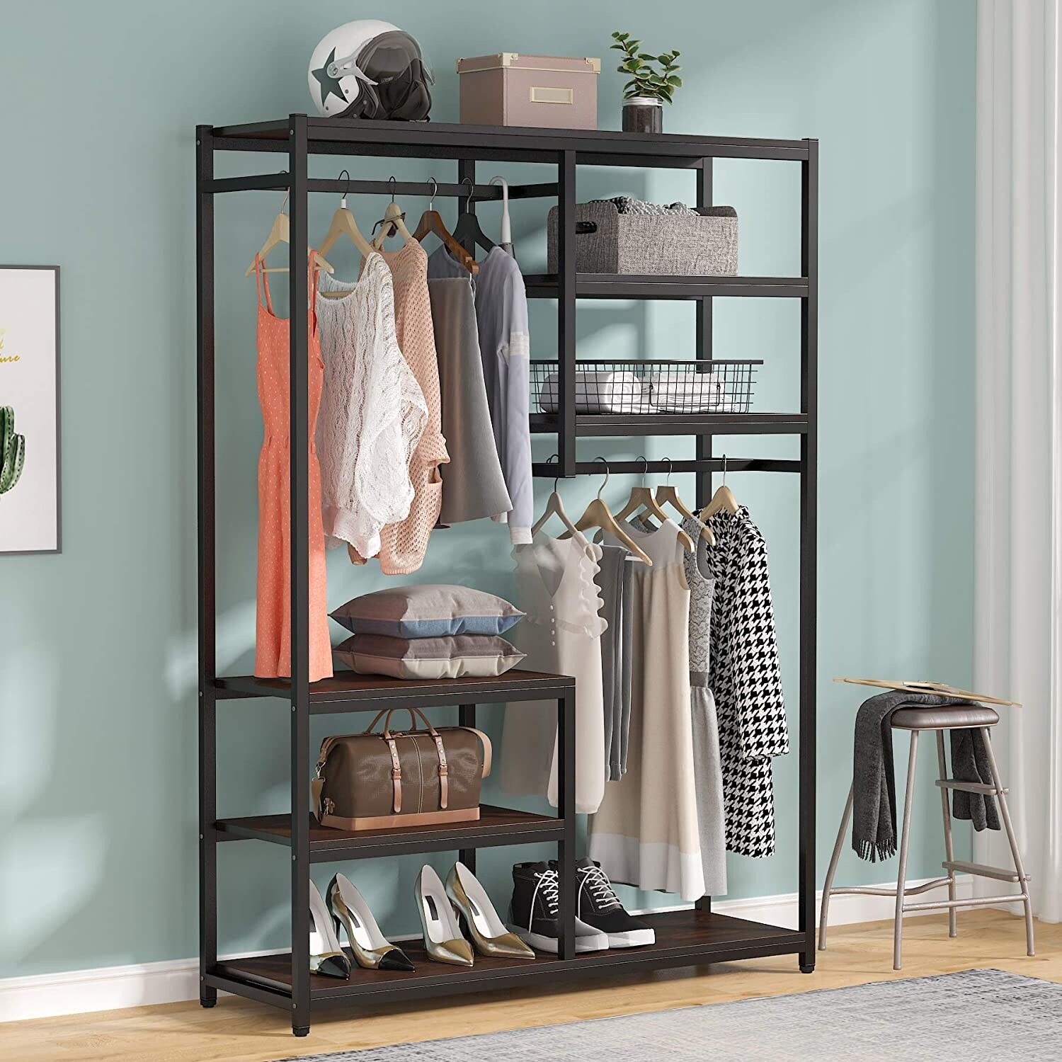Heavy Duty Clothes Stand Rack with Top Rod and Lower Storage Shelf - Costway