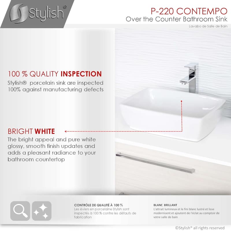 STYLISH 19 inch White Rectangular Porcelain Vessel Bathroom Sink - 19" x 13 3/8" x 5 3/4"