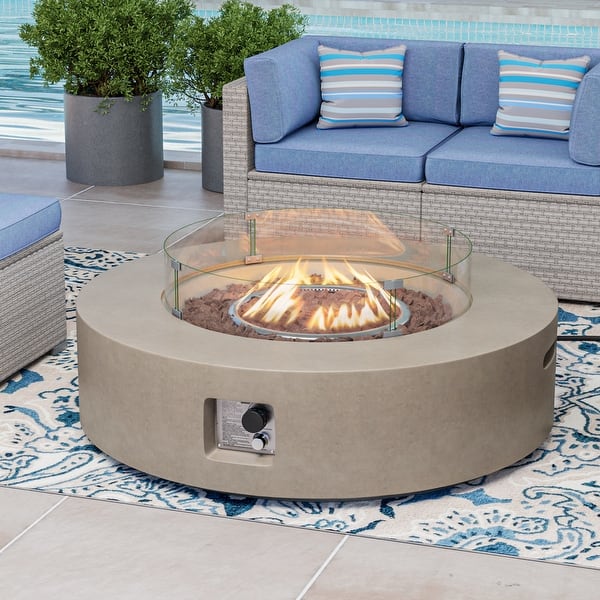 COSIEST Ecru Round Outdoor Propane Fire Pit with Wind Guard Bed Bath