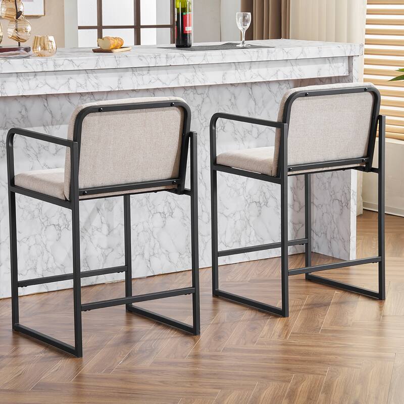 Upholstered Counter Height Bar Stool with Armrests, Metal Frame and Padded Seat, Dining Chair for Kitchen Island, Restaurant