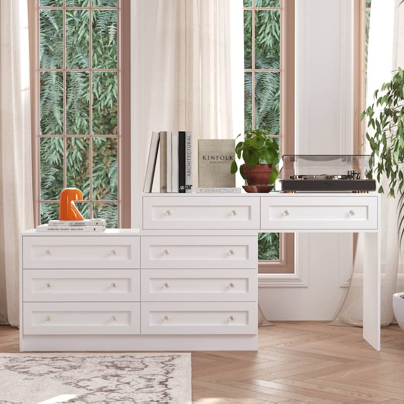 White Dresser and Vanity Versatile Storage Solution Crystal Desk