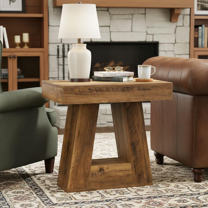 24" Modern Side Table, 2-Tier Narrow End Table with Trapezoid Base