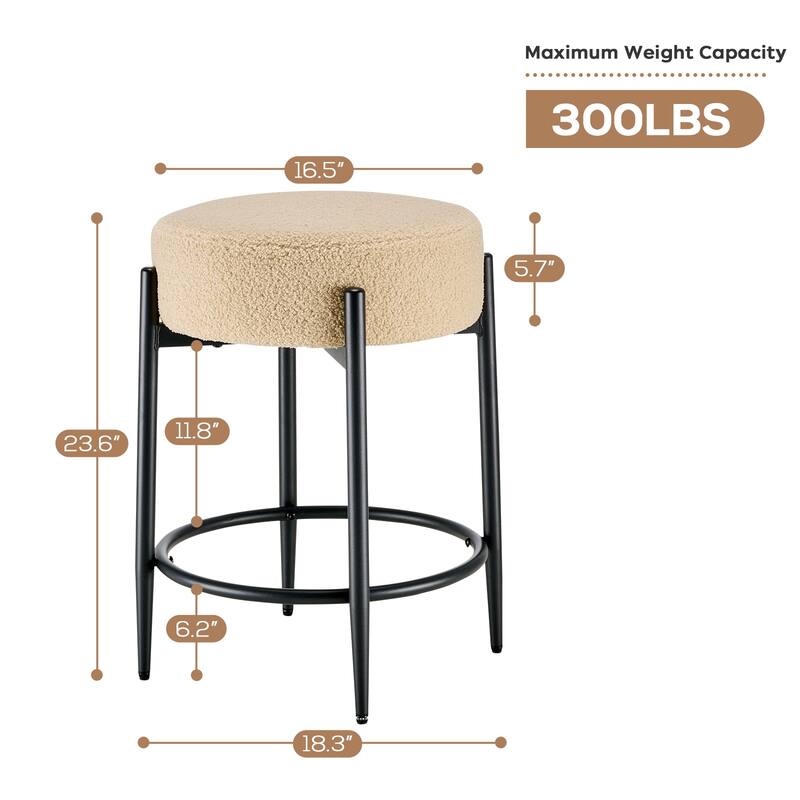 Mid-Century Modern Chair Set of 2 - 23.6" Backless Kitchen Stools with Boucle Upholstery & Sturdy Metal Base